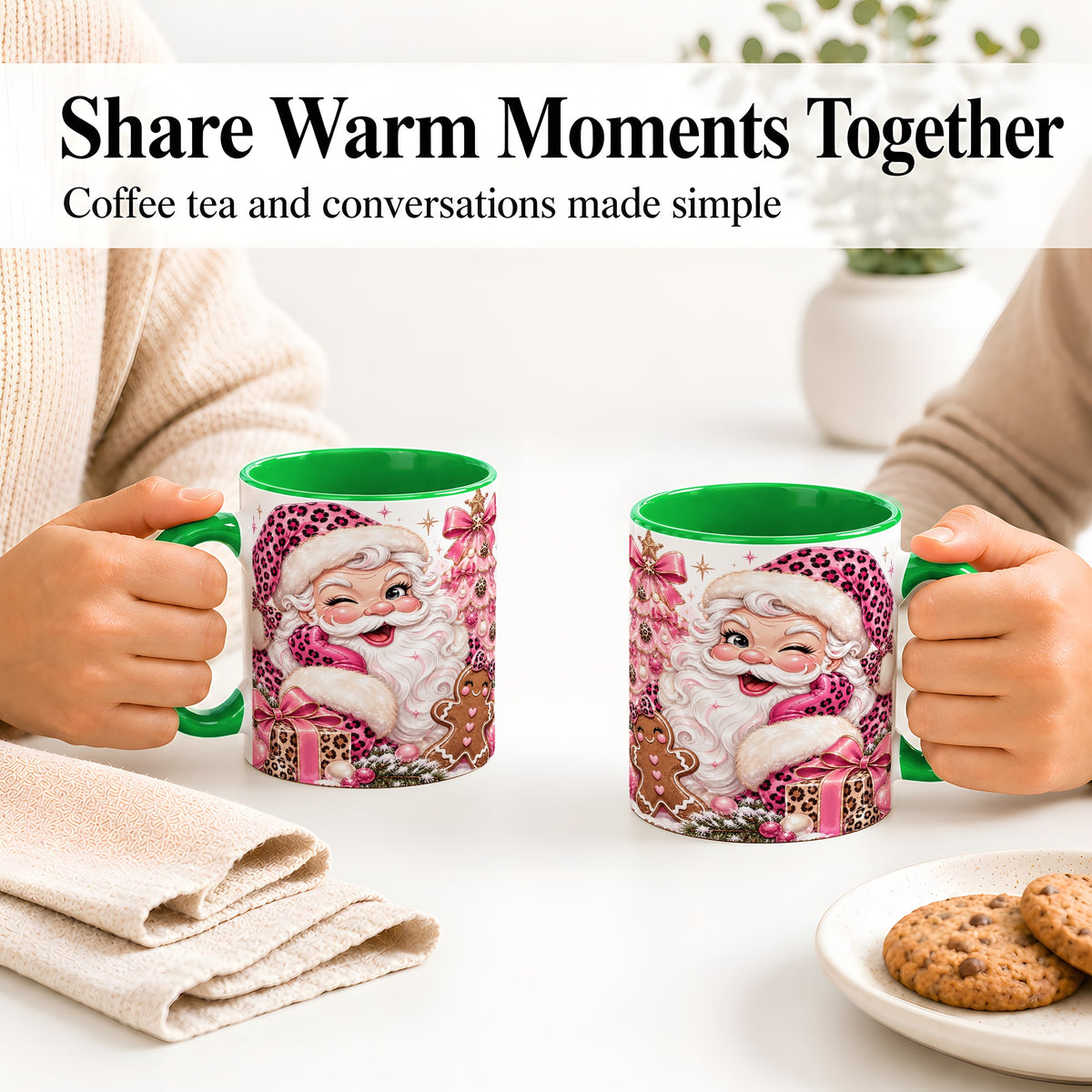 #pl[11oz|Green] Pink Leopard Santa Ceramic Mug, Gingerbread Christmas Artwork
