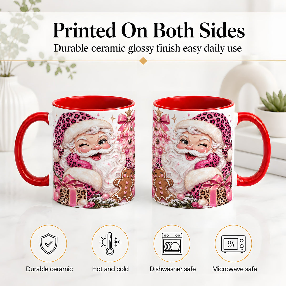 #pl[11oz|Red] Pink Leopard Santa Ceramic Mug, Gingerbread Christmas Artwork