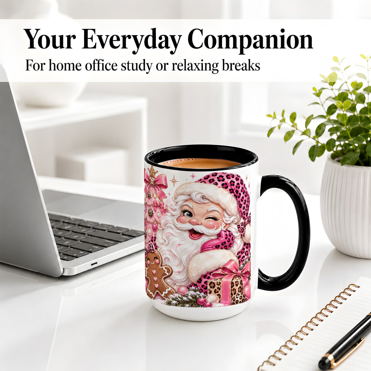 #pl[15oz|Black] Pink Leopard Santa Ceramic Mug, Gingerbread Christmas Artwork