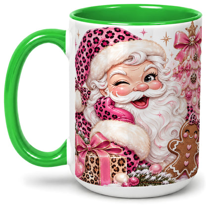 #pl[15oz|Green] Pink Leopard Santa Ceramic Mug, Gingerbread Christmas Artwork