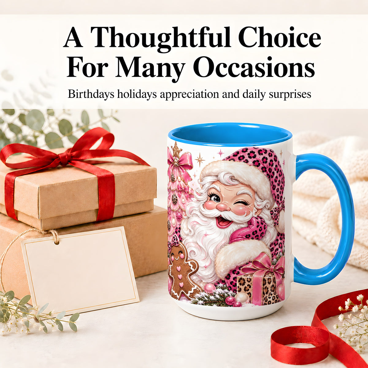 #pl[15oz|Blue] Pink Leopard Santa Ceramic Mug, Gingerbread Christmas Artwork