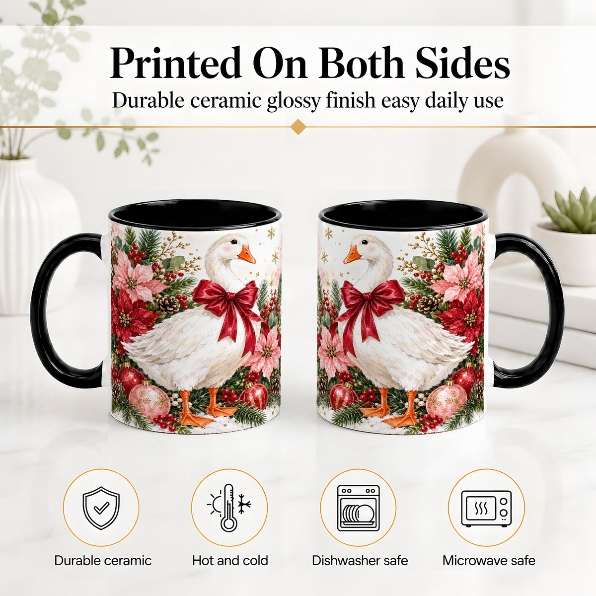 #pl[11oz|Black] Christmas Goose Ceramic Mug, Poinsettia Artwork for Goose Lovers