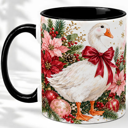 #pl[11oz|Black] Christmas Goose Ceramic Mug, Poinsettia Artwork for Goose Lovers