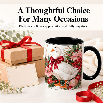 #pl[11oz|Black] Christmas Goose Ceramic Mug, Poinsettia Artwork for Goose Lovers