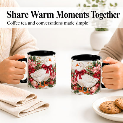 #pl[11oz|Black] Christmas Goose Ceramic Mug, Poinsettia Artwork for Goose Lovers