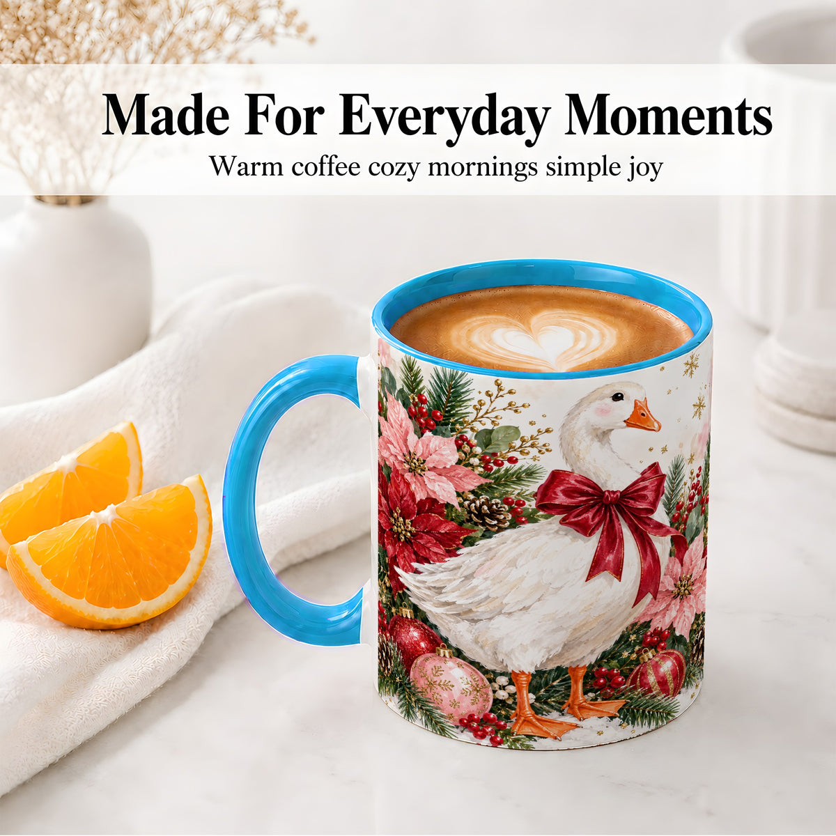 #pl[11oz|Blue] Christmas Goose Ceramic Mug, Poinsettia Artwork for Goose Lovers