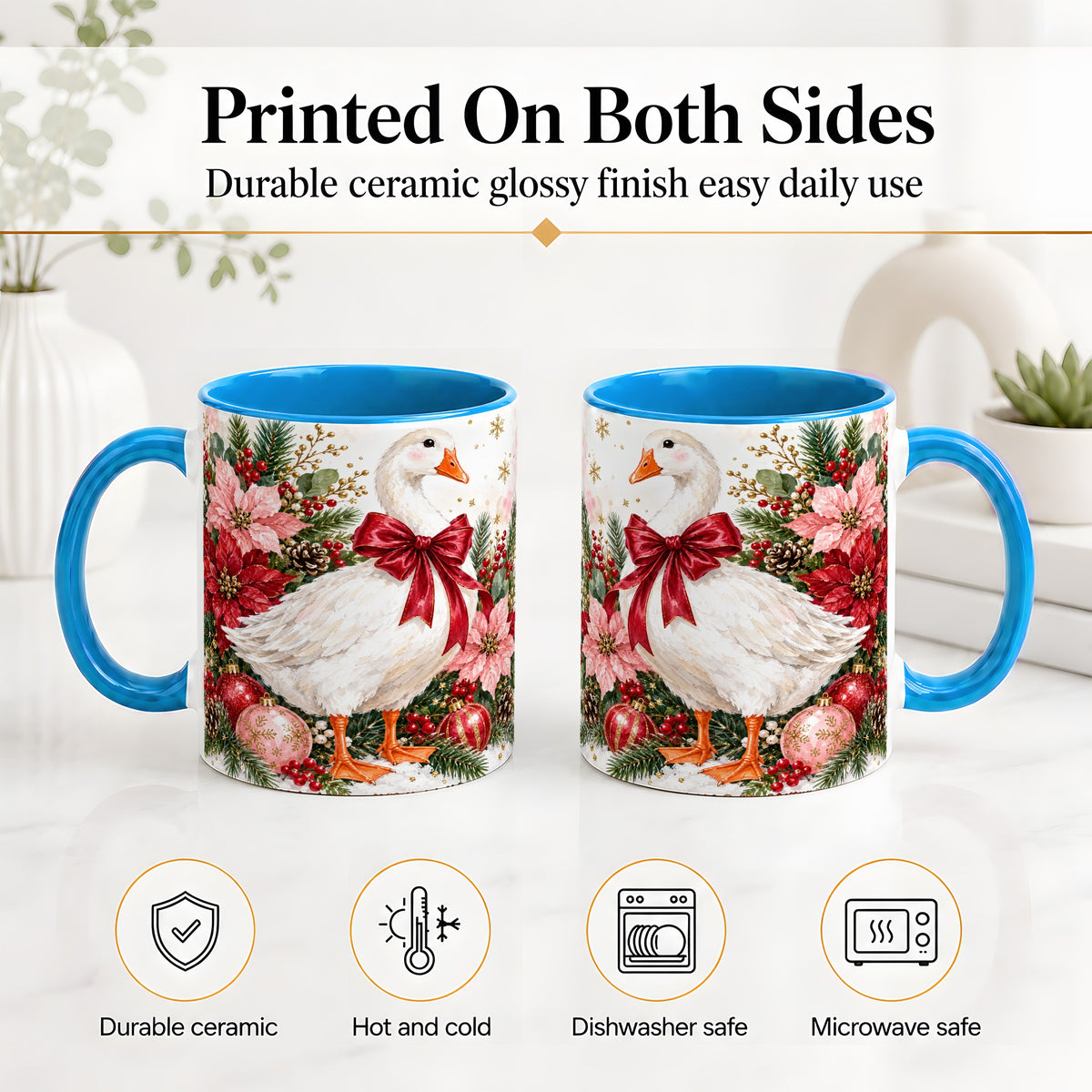 #pl[11oz|Blue] Christmas Goose Ceramic Mug, Poinsettia Artwork for Goose Lovers