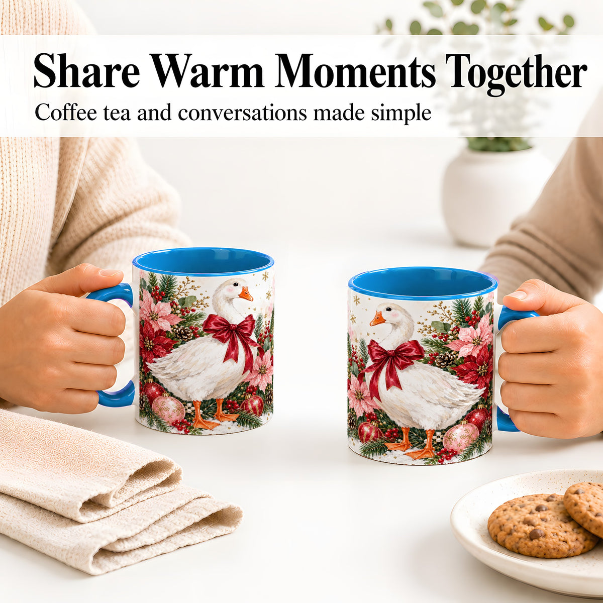 #pl[11oz|Blue] Christmas Goose Ceramic Mug, Poinsettia Artwork for Goose Lovers
