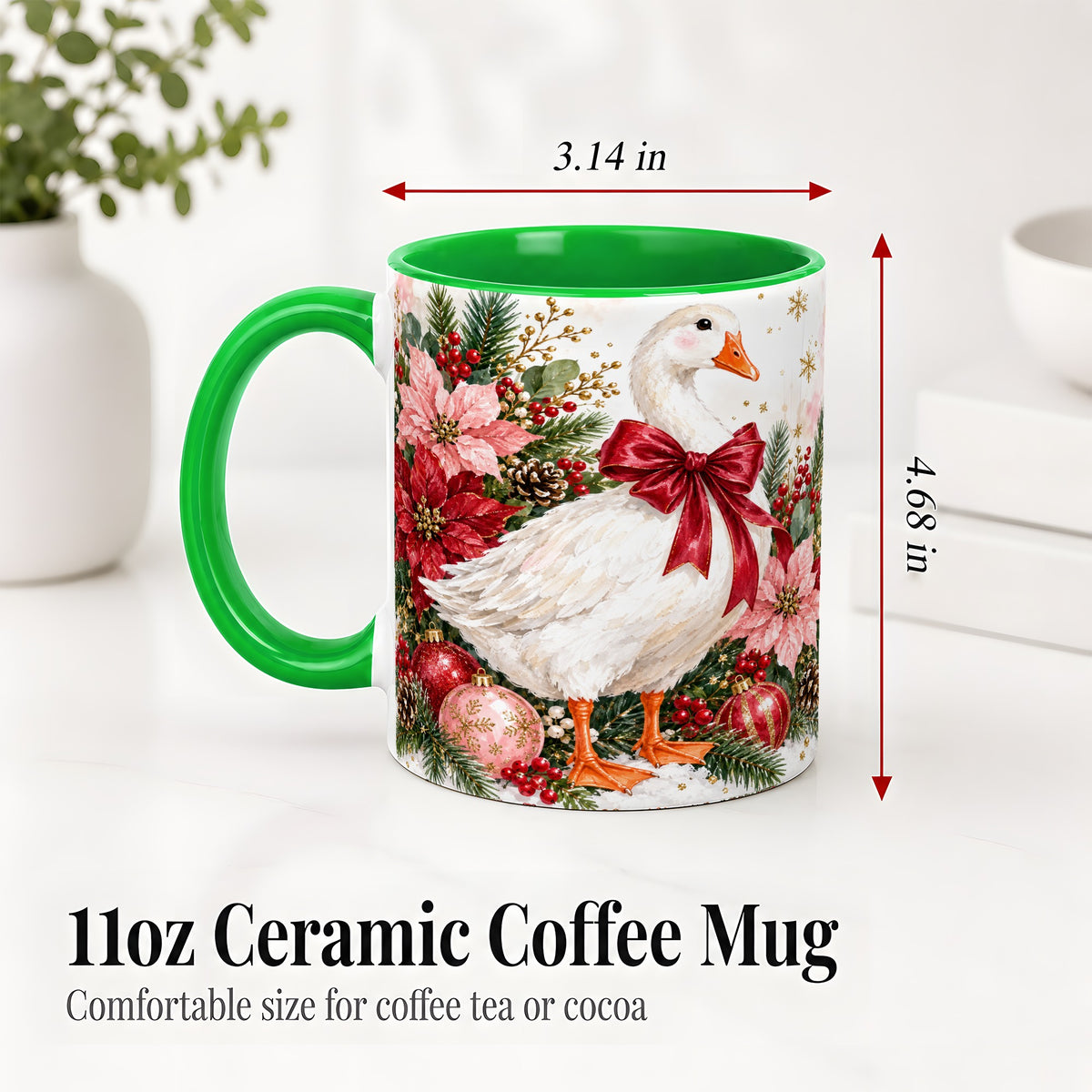 #pl[11oz|Green] Christmas Goose Ceramic Mug, Poinsettia Artwork for Goose Lovers