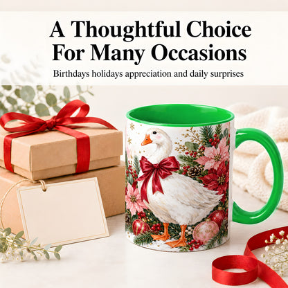 #pl[11oz|Green] Christmas Goose Ceramic Mug, Poinsettia Artwork for Goose Lovers