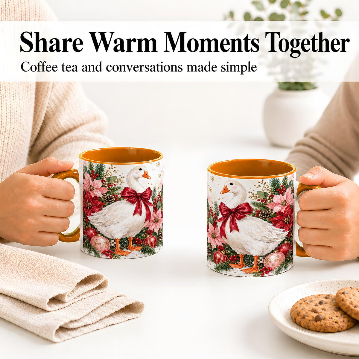#pl[11oz|Orange] Christmas Goose Ceramic Mug, Poinsettia Artwork for Goose Lovers