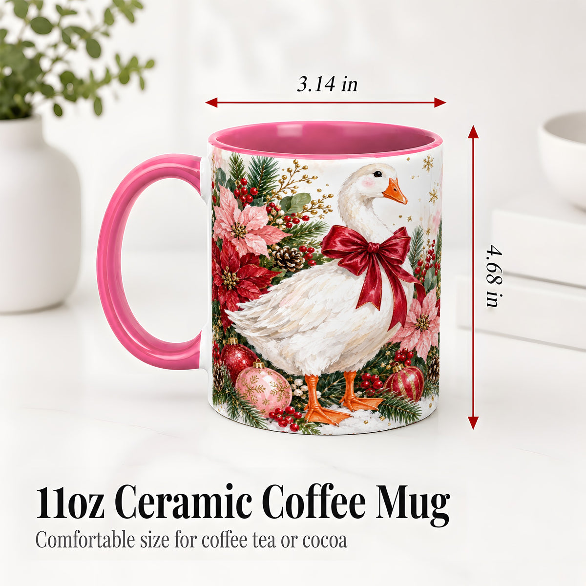 #pl[11oz|Pink] Christmas Goose Ceramic Mug, Poinsettia Artwork for Goose Lovers