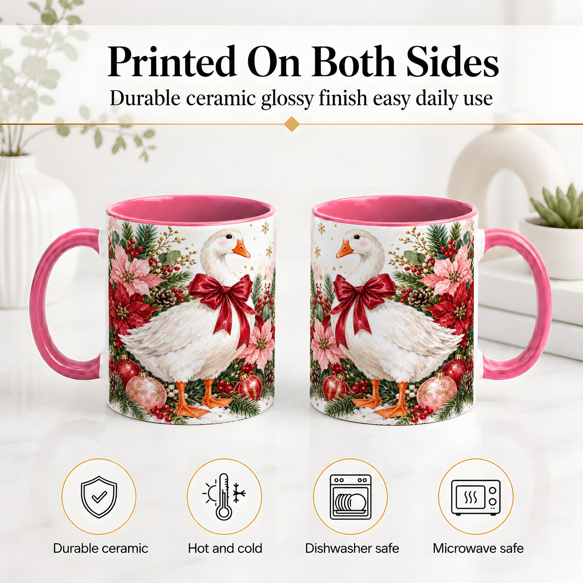 #pl[11oz|Pink] Christmas Goose Ceramic Mug, Poinsettia Artwork for Goose Lovers