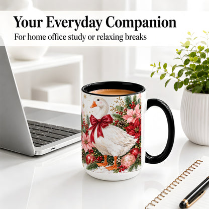 #pl[15oz|Black] Christmas Goose Ceramic Mug, Poinsettia Artwork for Goose Lovers