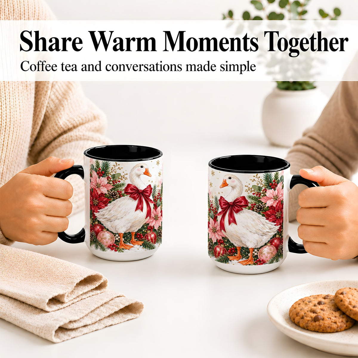 #pl[15oz|Black] Christmas Goose Ceramic Mug, Poinsettia Artwork for Goose Lovers