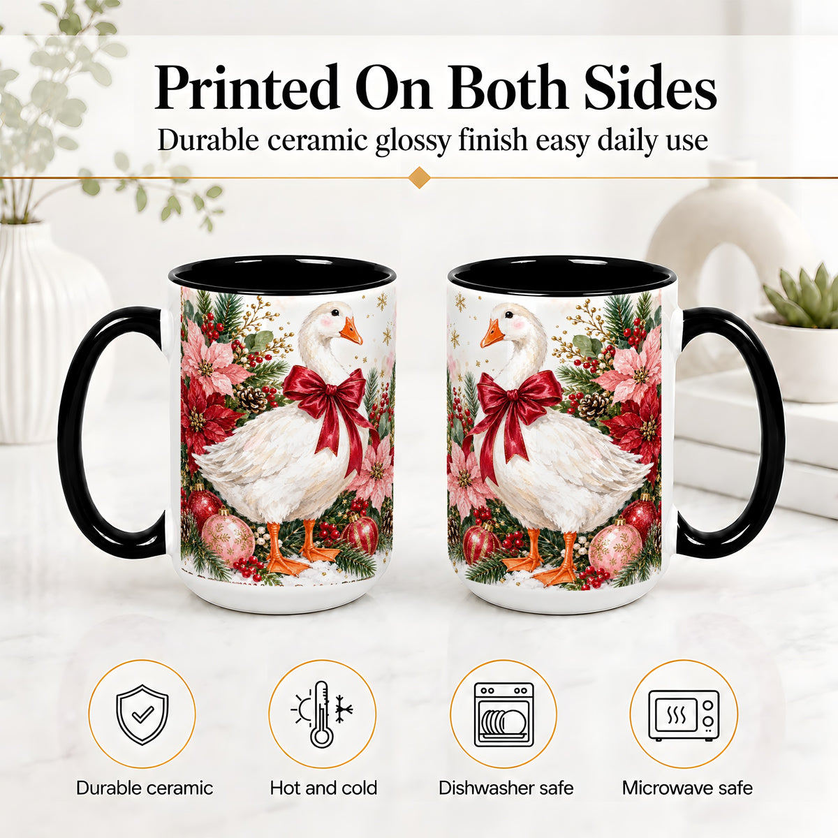 #pl[15oz|Black] Christmas Goose Ceramic Mug, Poinsettia Artwork for Goose Lovers