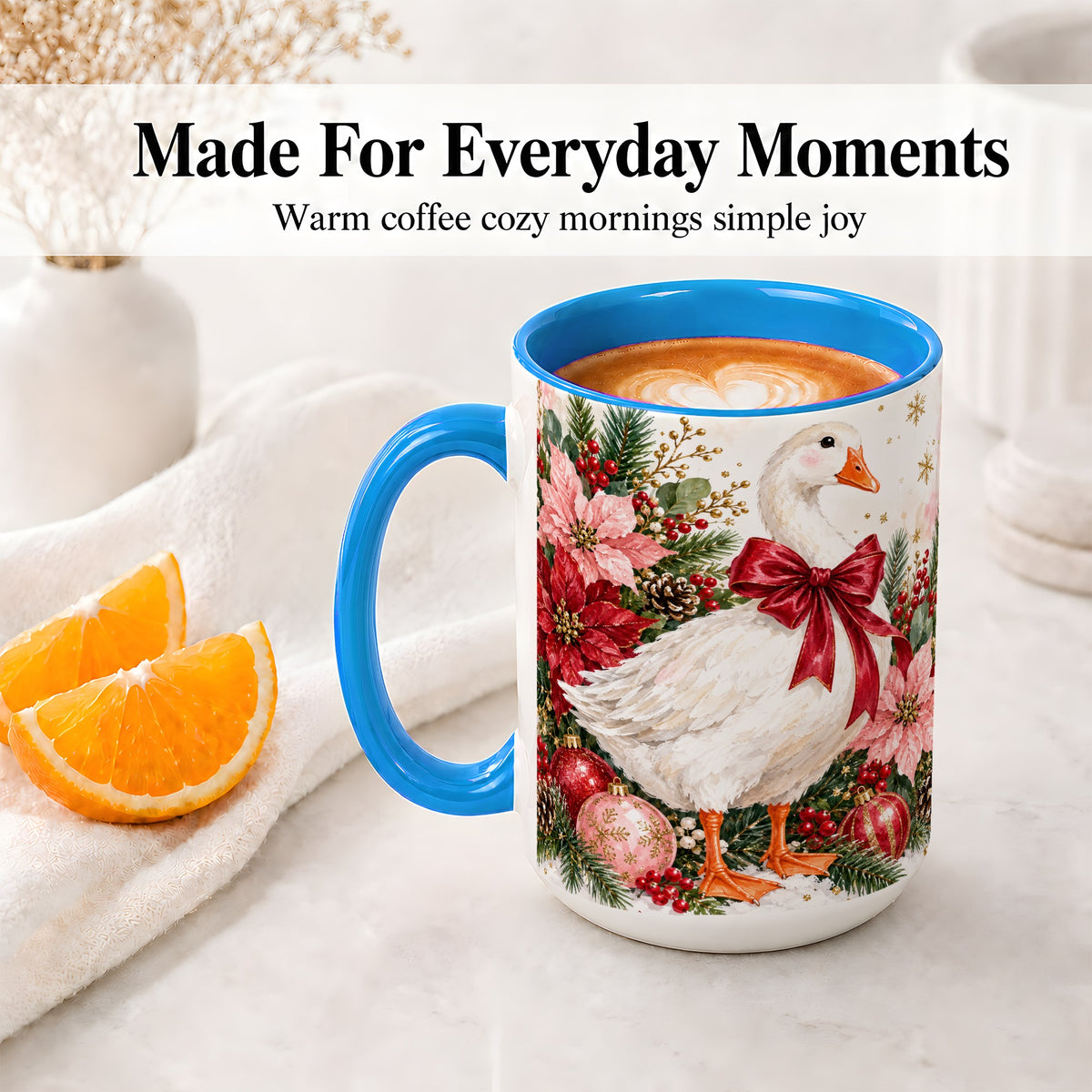 #pl[15oz|Blue] Christmas Goose Ceramic Mug, Poinsettia Artwork for Goose Lovers