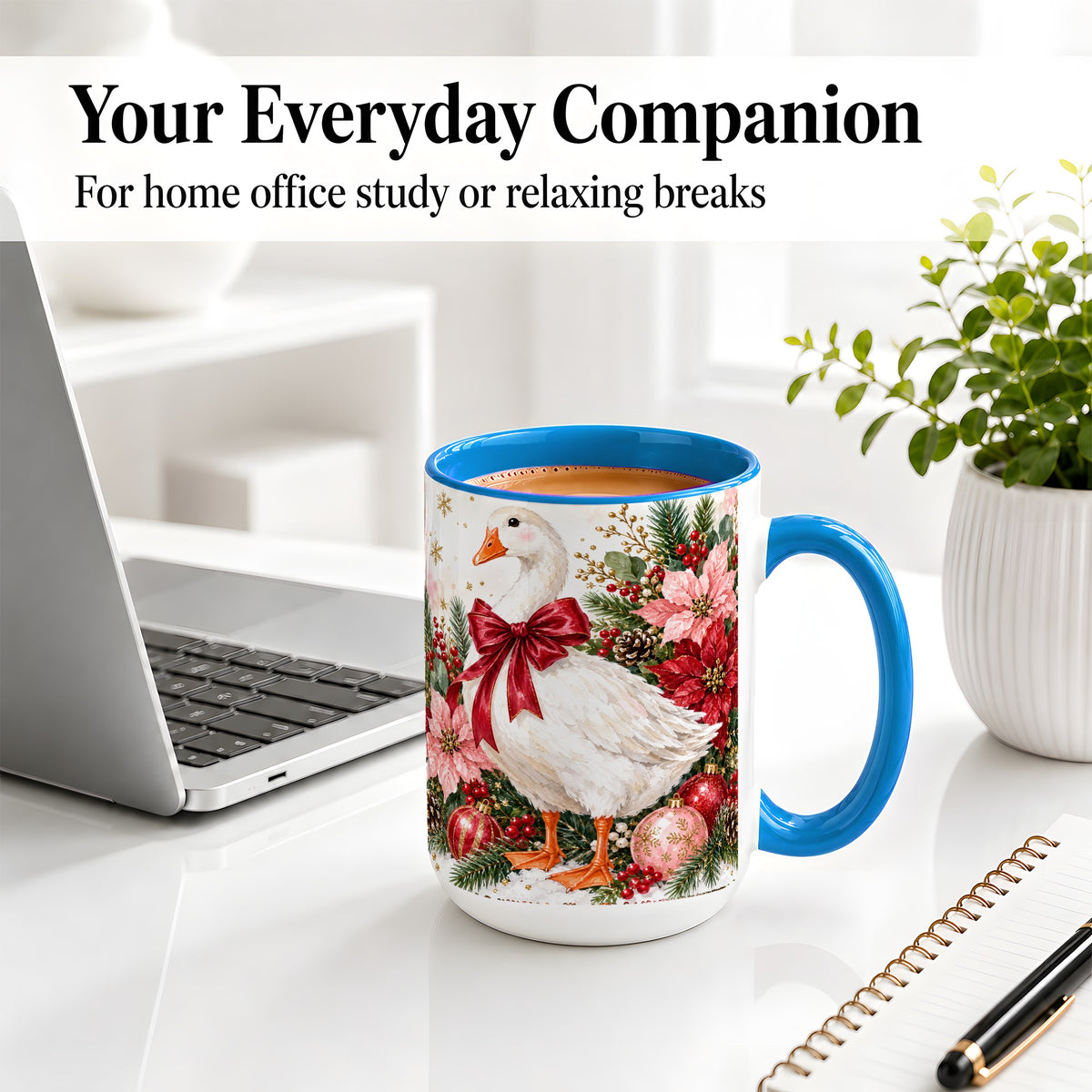 #pl[15oz|Blue] Christmas Goose Ceramic Mug, Poinsettia Artwork for Goose Lovers