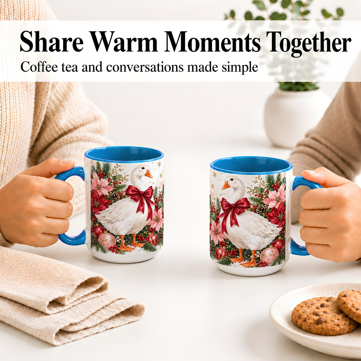#pl[15oz|Blue] Christmas Goose Ceramic Mug, Poinsettia Artwork for Goose Lovers