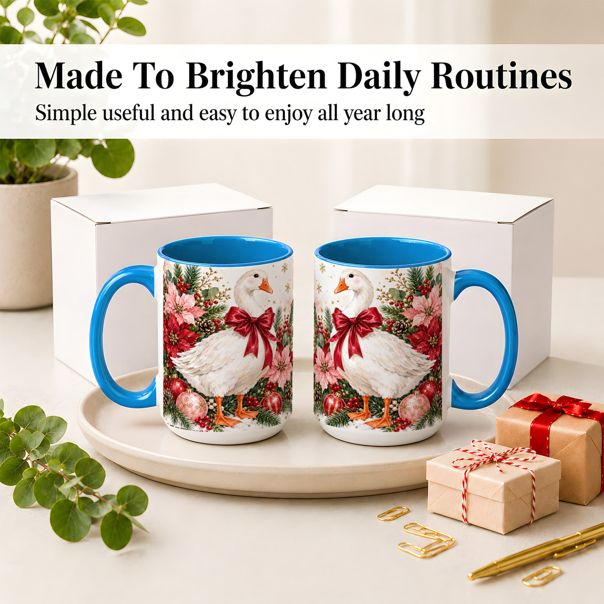 #pl[15oz|Blue] Christmas Goose Ceramic Mug, Poinsettia Artwork for Goose Lovers