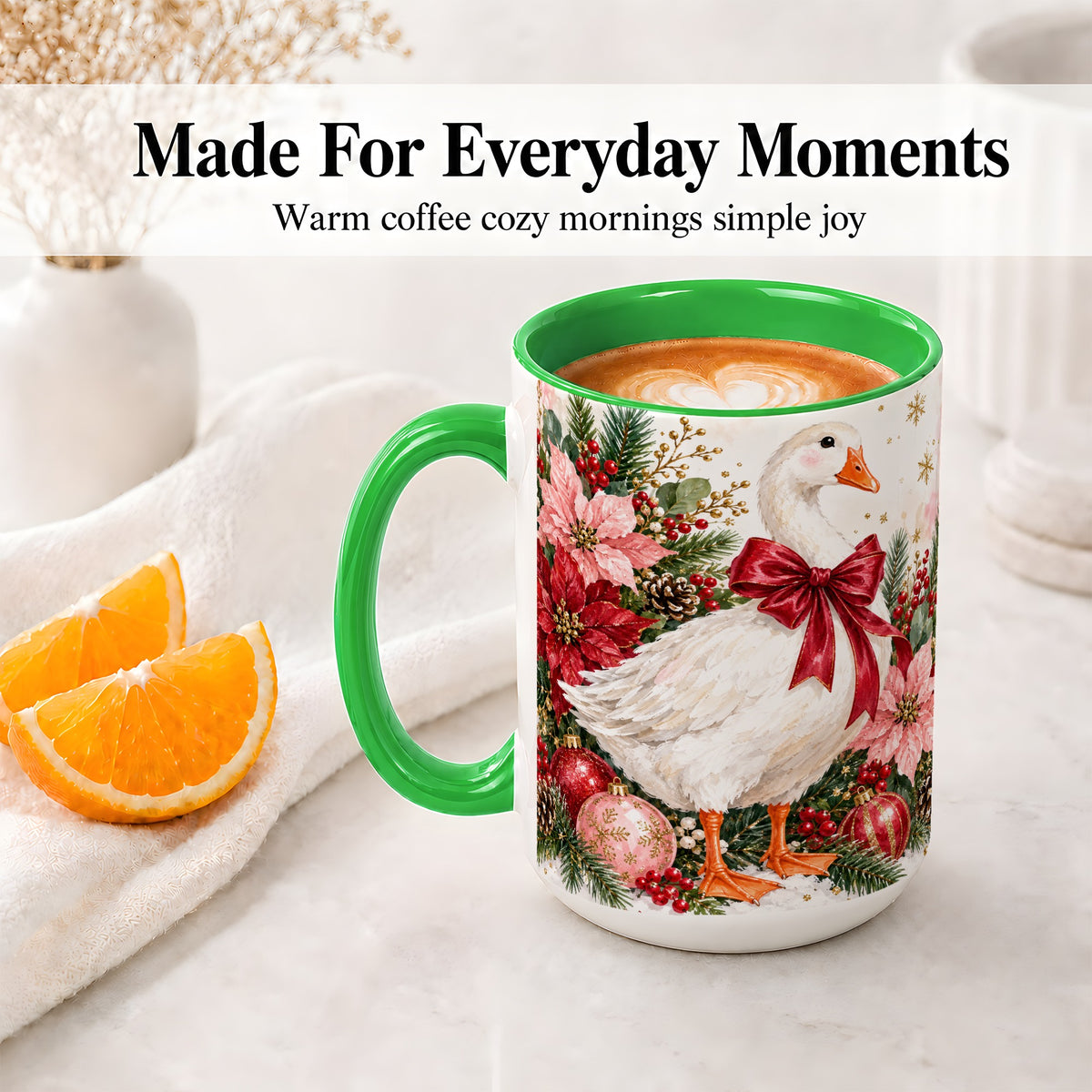 #pl[15oz|Green] Christmas Goose Ceramic Mug, Poinsettia Artwork for Goose Lovers