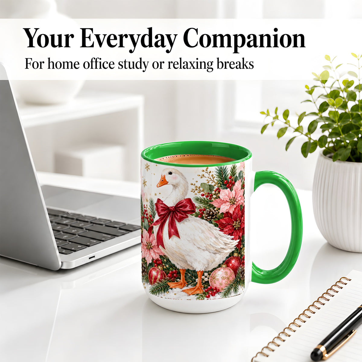 #pl[15oz|Green] Christmas Goose Ceramic Mug, Poinsettia Artwork for Goose Lovers