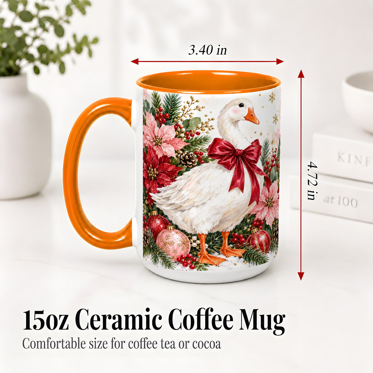 #pl[15oz|Orange] Christmas Goose Ceramic Mug, Poinsettia Artwork for Goose Lovers