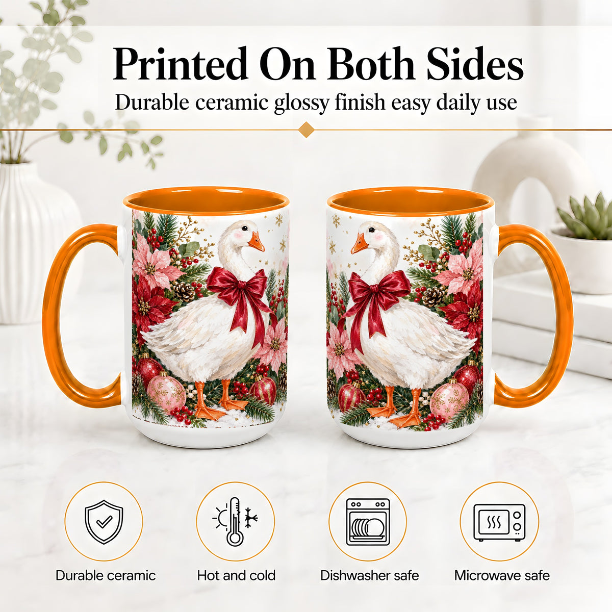 #pl[15oz|Orange] Christmas Goose Ceramic Mug, Poinsettia Artwork for Goose Lovers