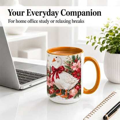 #pl[15oz|Orange] Christmas Goose Ceramic Mug, Poinsettia Artwork for Goose Lovers