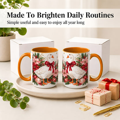 #pl[15oz|Orange] Christmas Goose Ceramic Mug, Poinsettia Artwork for Goose Lovers