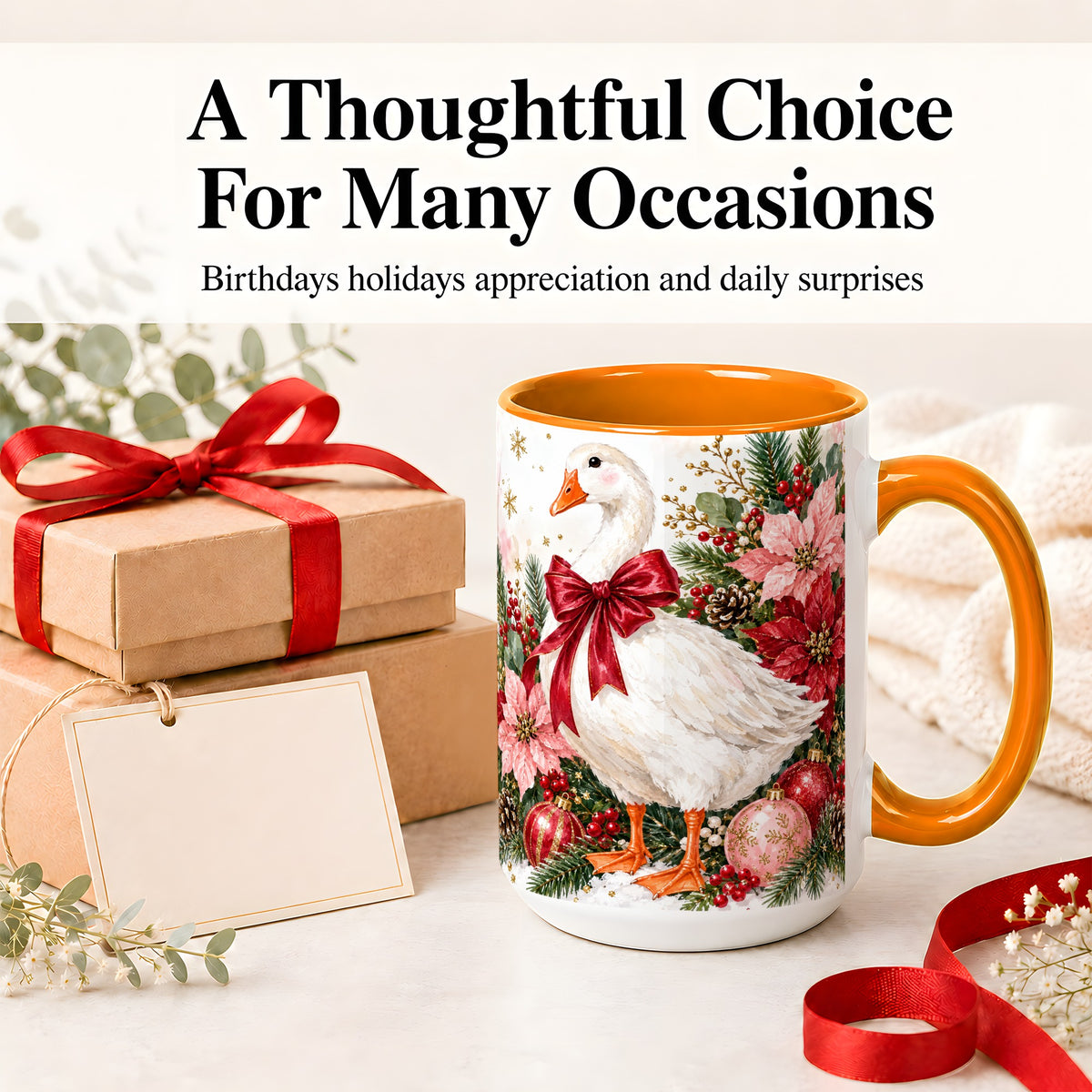 #pl[15oz|Orange] Christmas Goose Ceramic Mug, Poinsettia Artwork for Goose Lovers