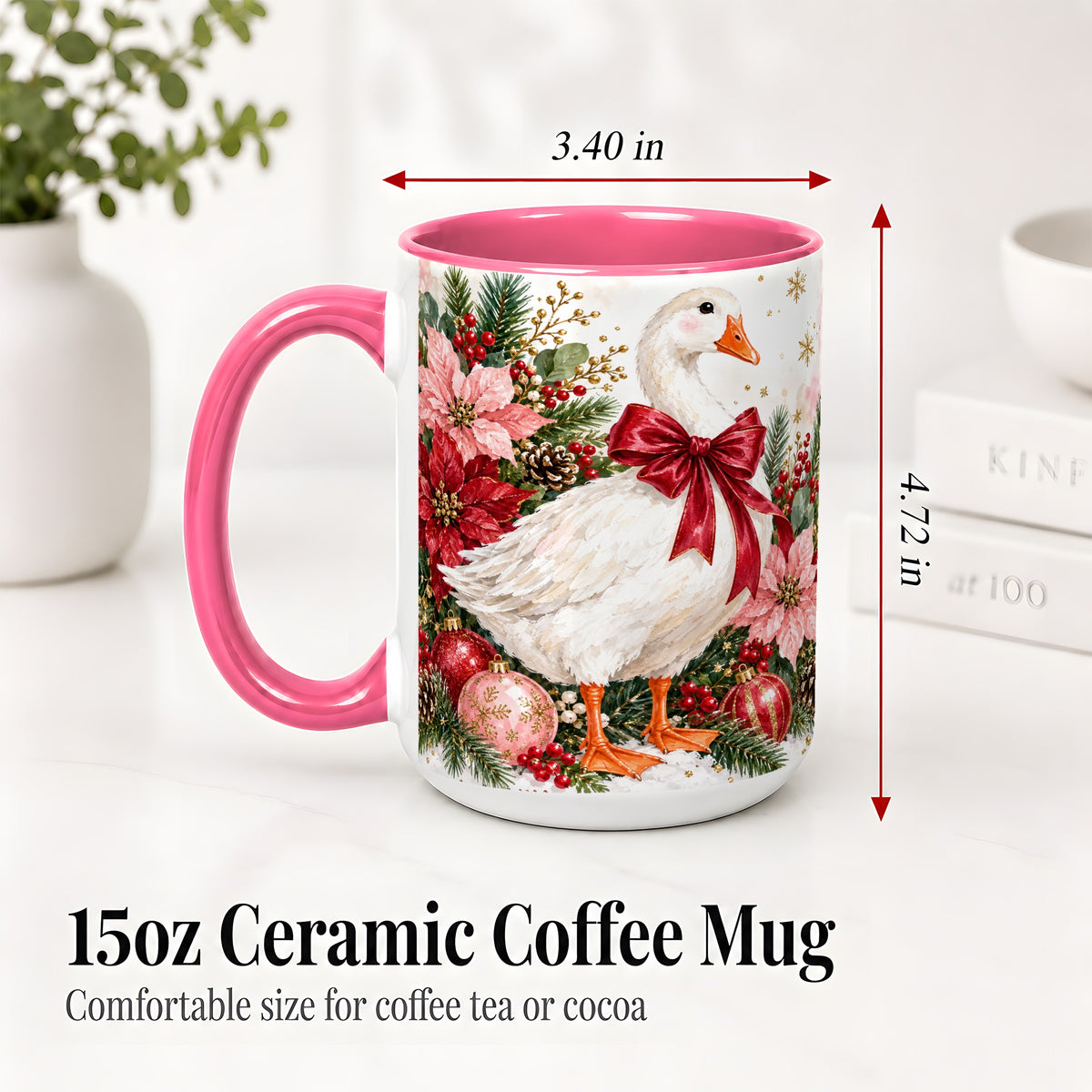 #pl[15oz|Pink] Christmas Goose Ceramic Mug, Poinsettia Artwork for Goose Lovers