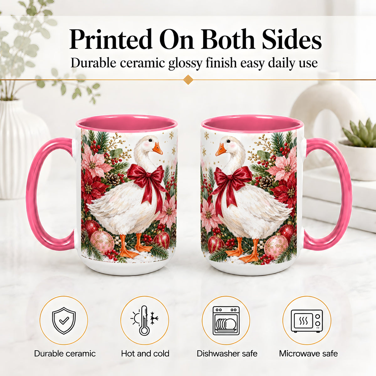 #pl[15oz|Pink] Christmas Goose Ceramic Mug, Poinsettia Artwork for Goose Lovers