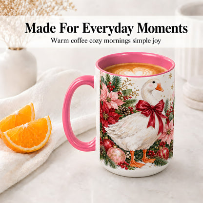 #pl[15oz|Pink] Christmas Goose Ceramic Mug, Poinsettia Artwork for Goose Lovers