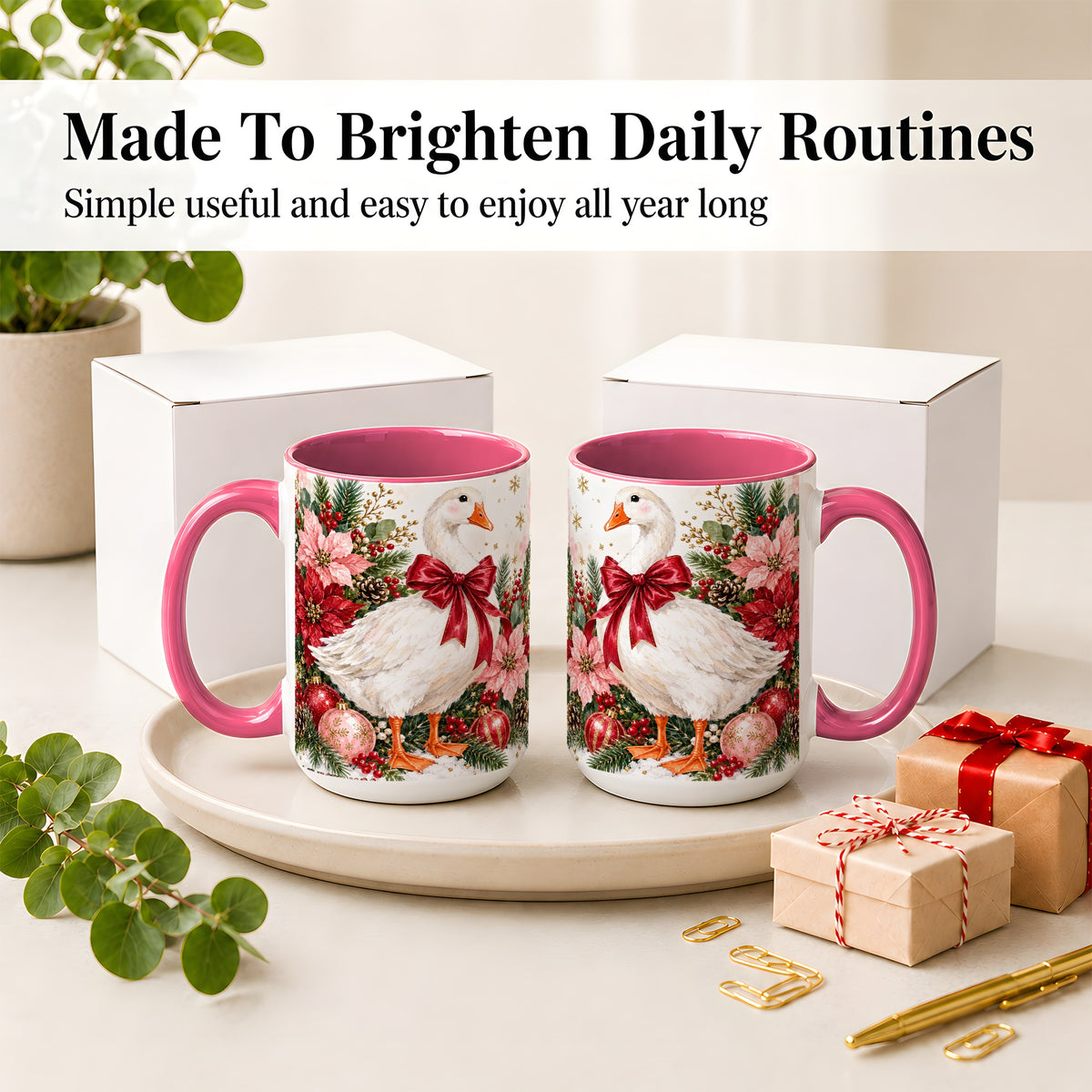 #pl[15oz|Pink] Christmas Goose Ceramic Mug, Poinsettia Artwork for Goose Lovers