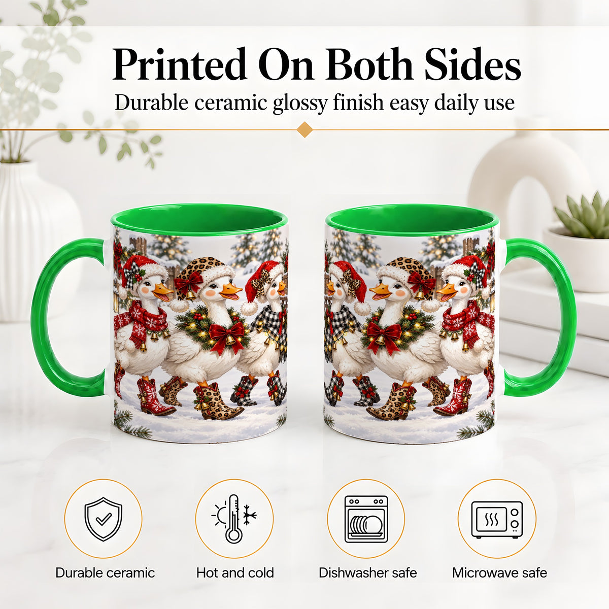 #pl[11oz|Green] Western Christmas Goose Ceramic Mug, Cowboy Style for Goose Lovers