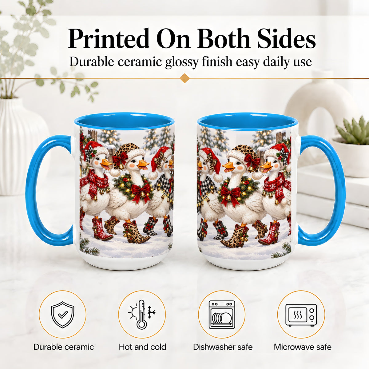 #pl[15oz|Blue] Western Christmas Goose Ceramic Mug, Cowboy Style for Goose Lovers