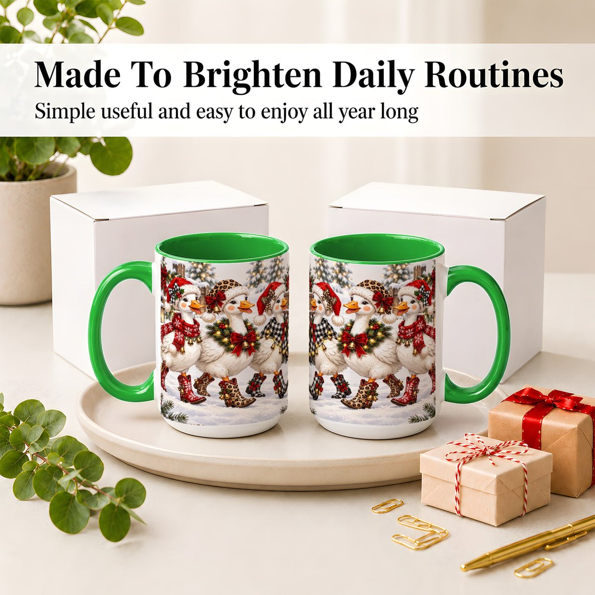 #pl[15oz|Green] Western Christmas Goose Ceramic Mug, Cowboy Style for Goose Lovers