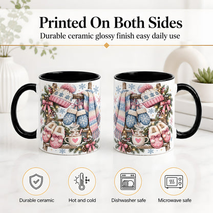 #pl[11oz|Black] Cozy Winter Knit Ceramic Mug, Pink Blue Snowflake Holiday Design