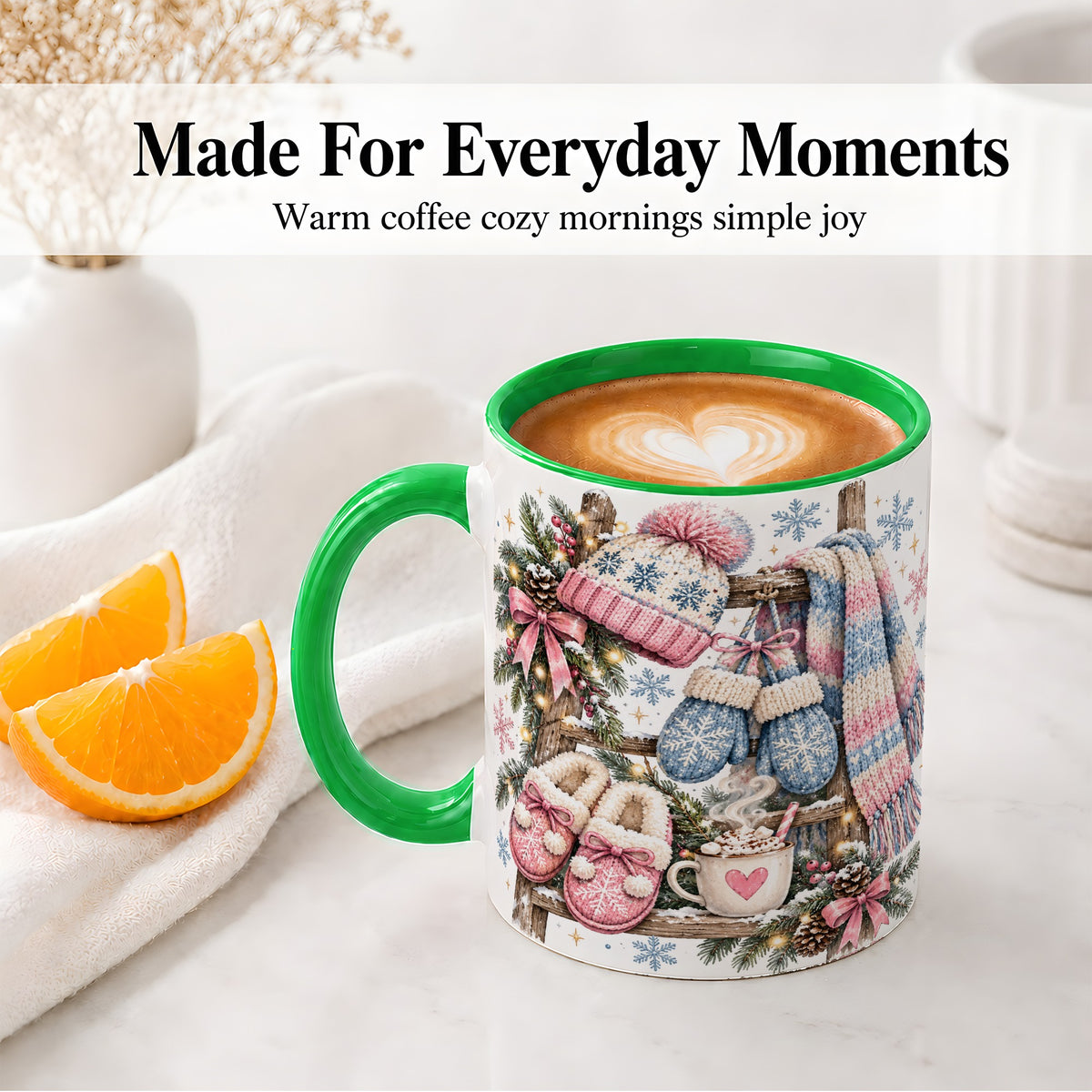 #pl[11oz|Green] Cozy Winter Knit Ceramic Mug, Pink Blue Snowflake Holiday Design