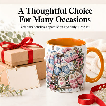#pl[11oz|Orange] Cozy Winter Knit Ceramic Mug, Pink Blue Snowflake Holiday Design
