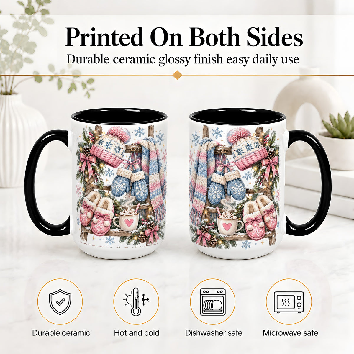 #pl[15oz|Black] Cozy Winter Knit Ceramic Mug, Pink Blue Snowflake Holiday Design