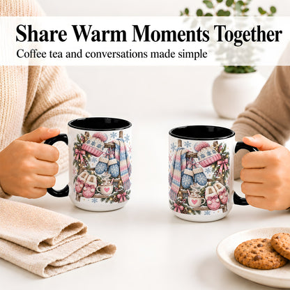 #pl[15oz|Black] Cozy Winter Knit Ceramic Mug, Pink Blue Snowflake Holiday Design