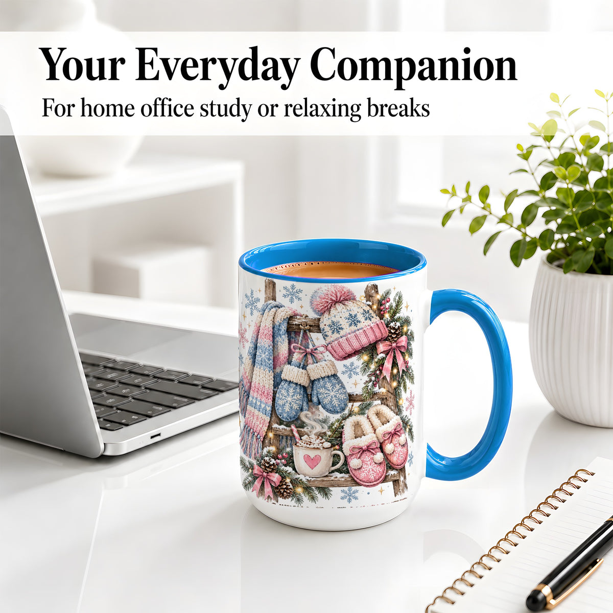 #pl[15oz|Blue] Cozy Winter Knit Ceramic Mug, Pink Blue Snowflake Holiday Design