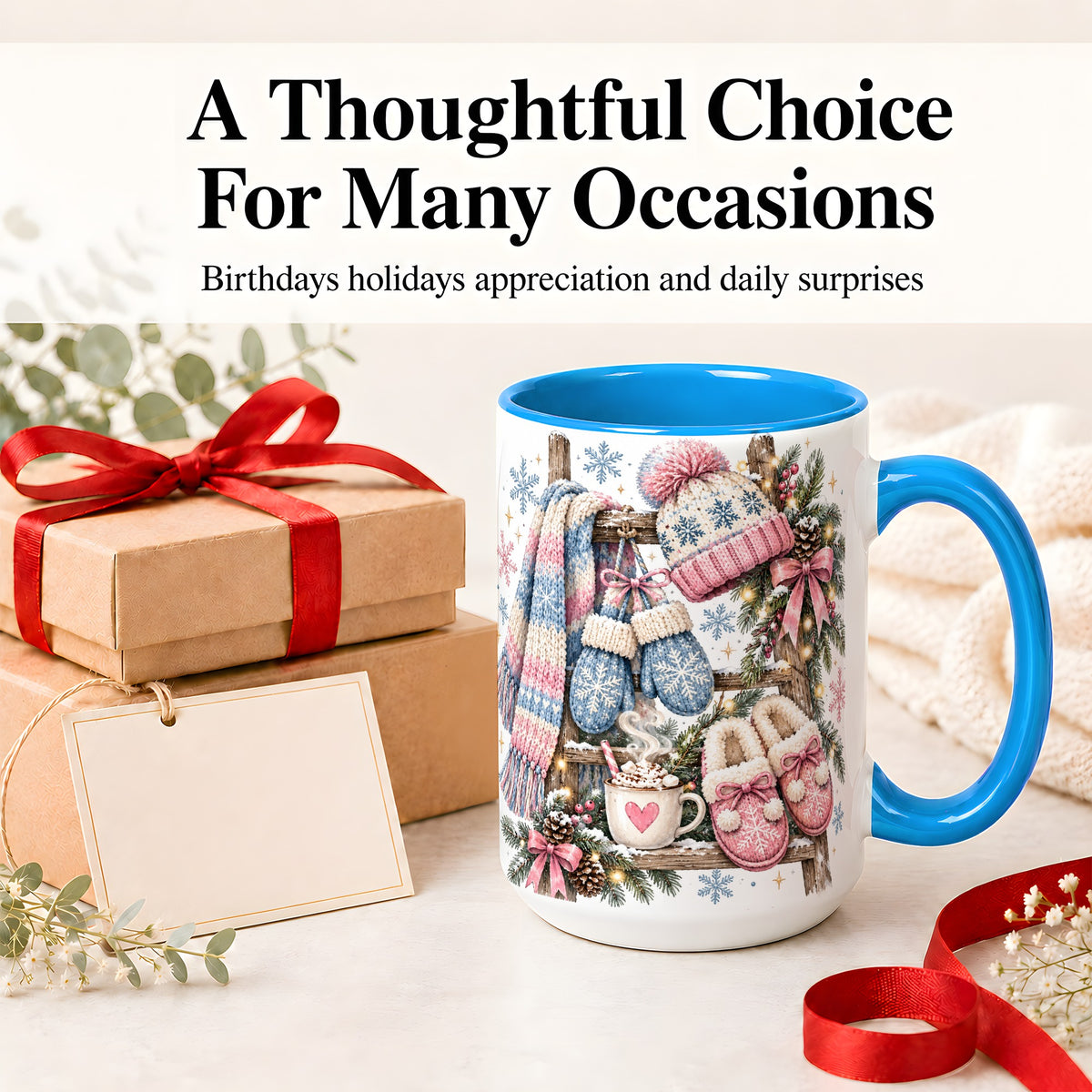 #pl[15oz|Blue] Cozy Winter Knit Ceramic Mug, Pink Blue Snowflake Holiday Design