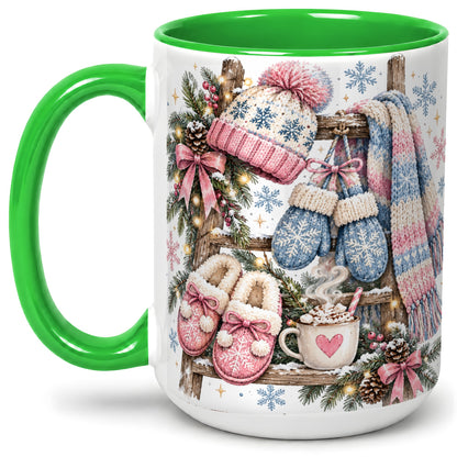 #pl[15oz|Green] Cozy Winter Knit Ceramic Mug, Pink Blue Snowflake Holiday Design
