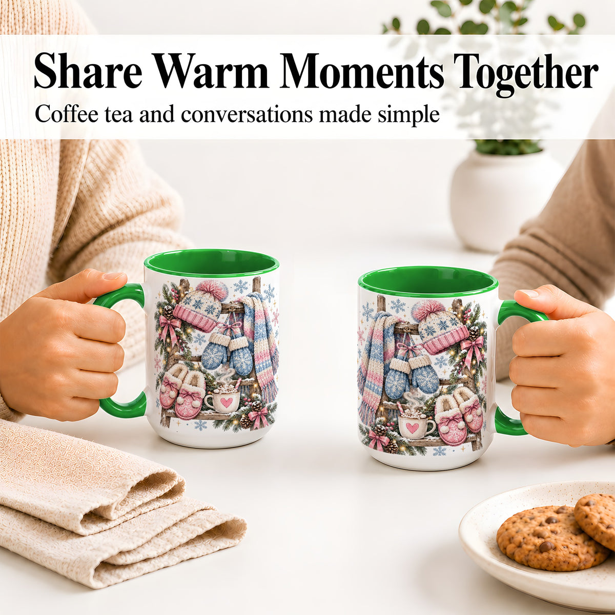 #pl[15oz|Green] Cozy Winter Knit Ceramic Mug, Pink Blue Snowflake Holiday Design