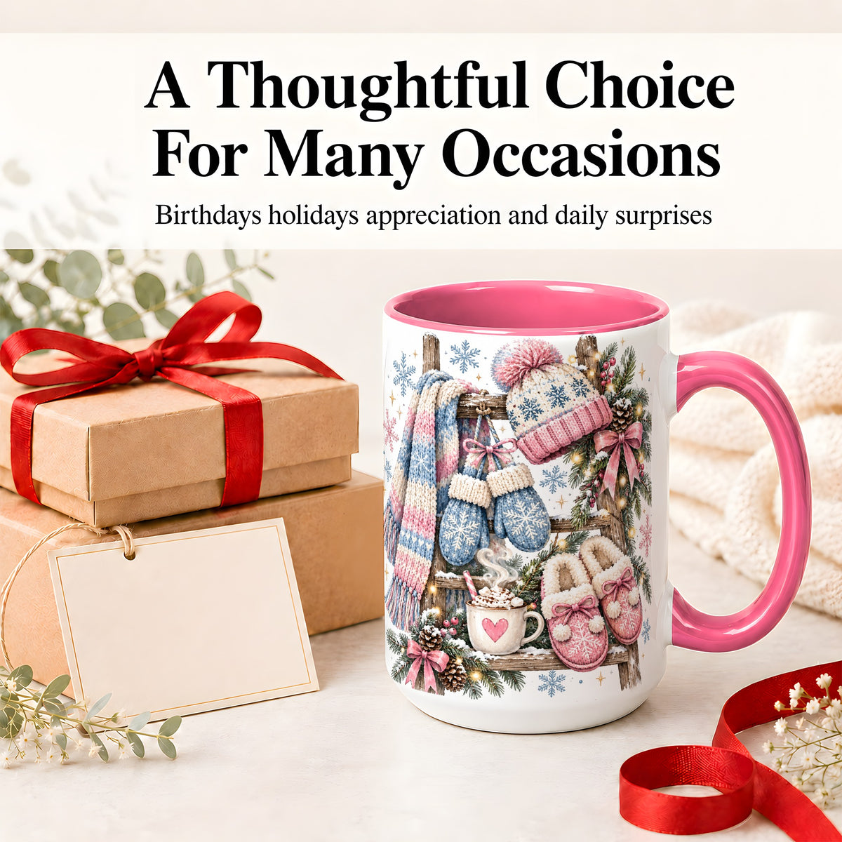 #pl[15oz|Pink] Cozy Winter Knit Ceramic Mug, Pink Blue Snowflake Holiday Design