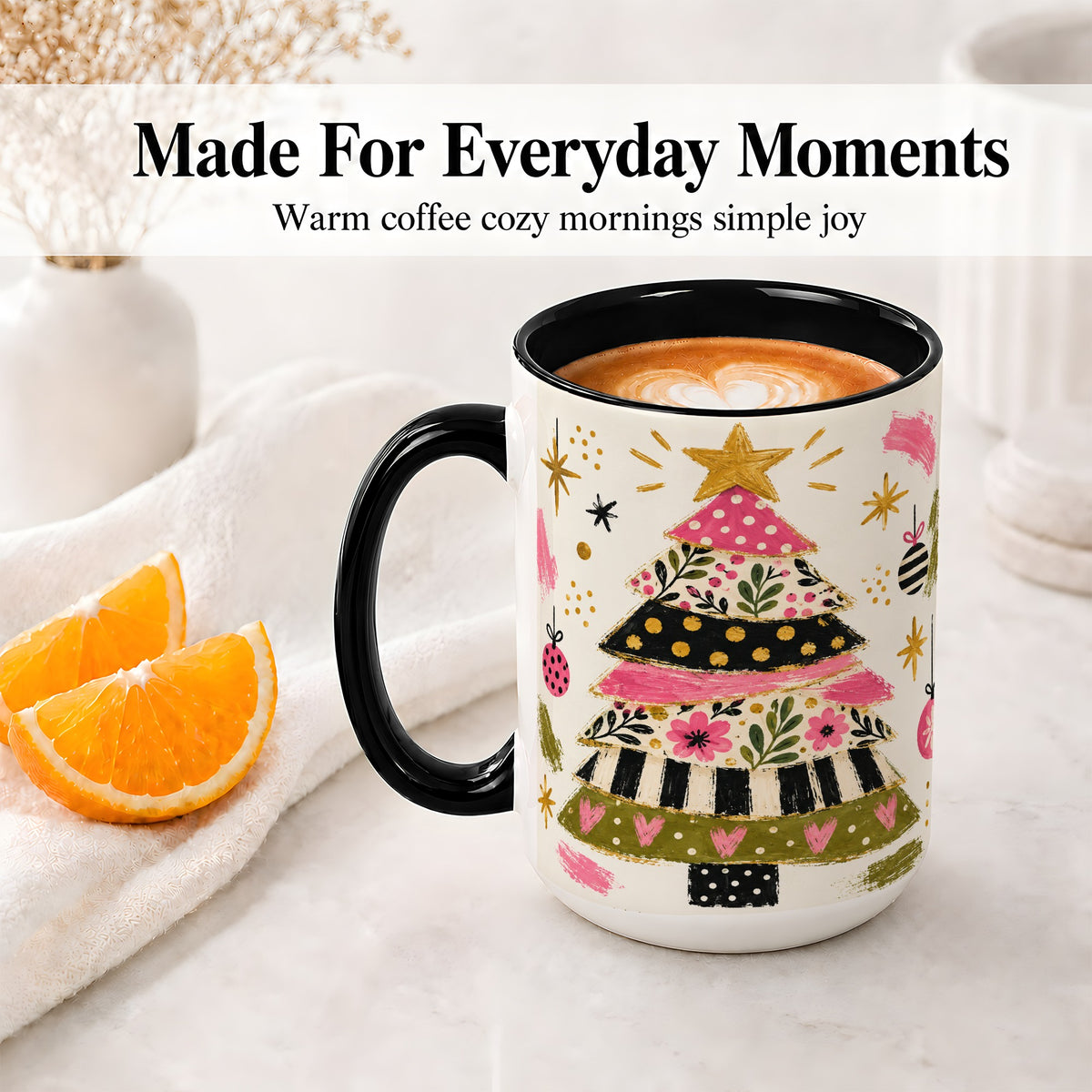 #pl[15oz|Black] Whimsical Christmas Tree Ceramic Mug, Pink Floral Holiday Design