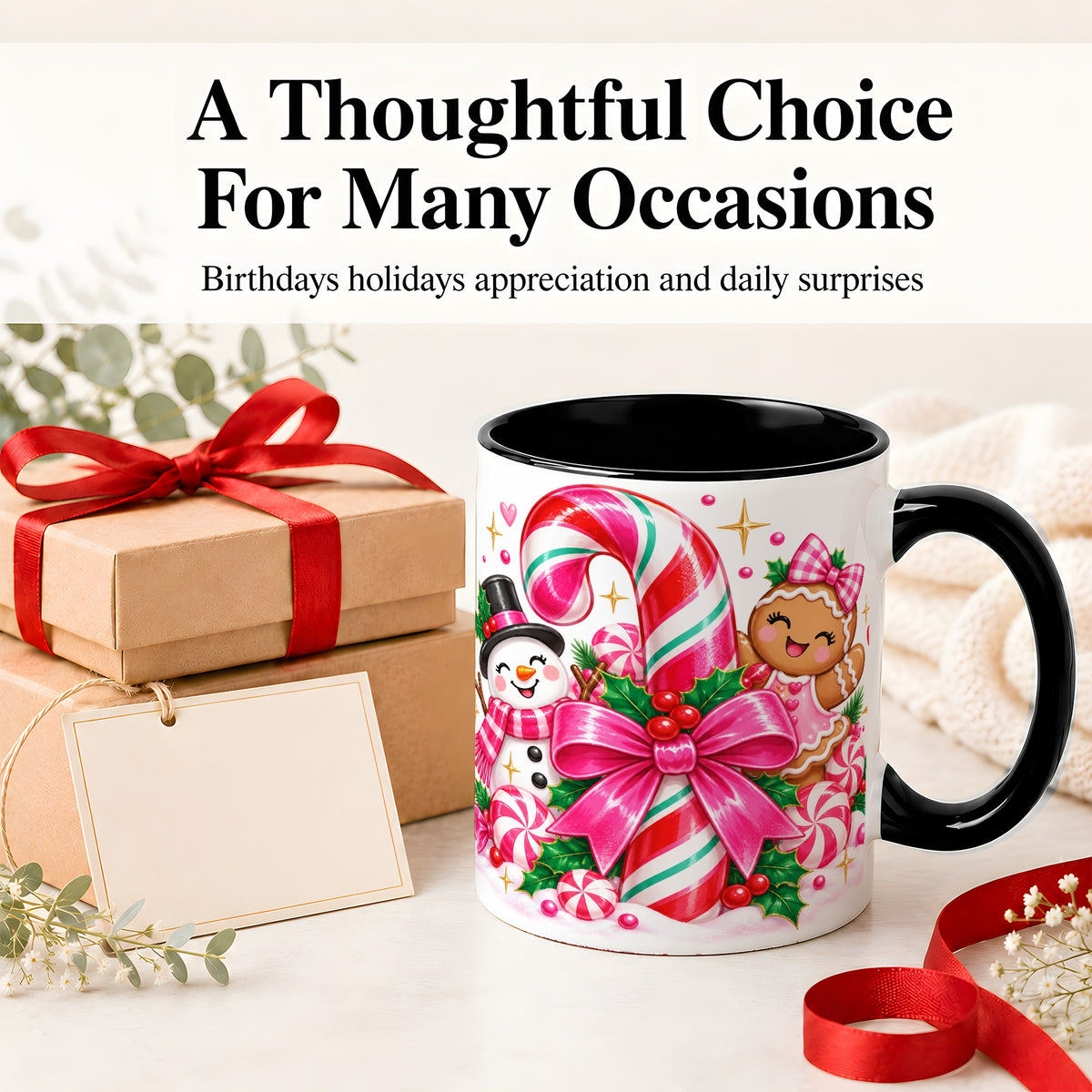#pl[11oz|Black] Pink Candy Cane Christmas Ceramic Mug, Snowman Gingerbread Design